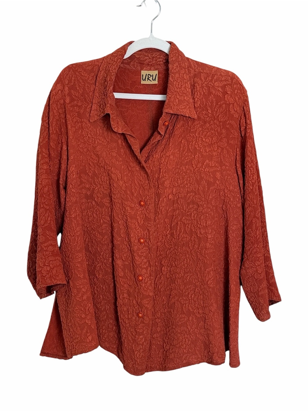 Uru Silk Orange Embossed Button Down Blouse One Size Fall Art to Wear